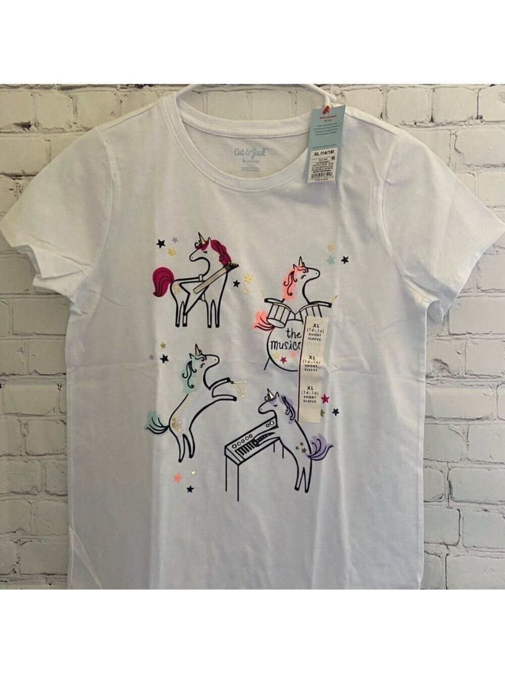 Cat & Jack Girls Short Sleeve T-Shirt Musical Unicorns Size XL 14 16 NWT